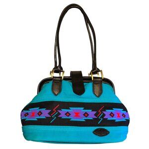 Vintage 1990s Sibyl Circle Y Teal Southwestern Tribal Leather Handbag Purse
